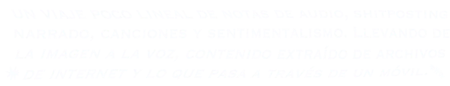 Un viaje poco lineal de notas de audio, shitposting narrado, canciones y sentimentalismo. De la imagen a la voz, contenido extraído de archivos de internet y lo que pasa a través de un móvil.