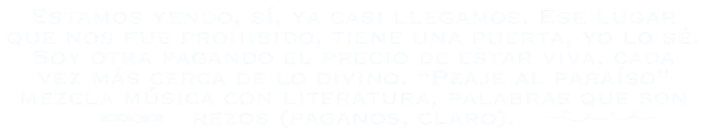 Estamos yendo, sí, ya casi llegamos. Ese lugar que nos fue prohibido tiene una puerta, yo lo sé. Soy otra pagando el precio de estar viva, cada vez más cerca de lo divino. Mezcla música con literatura, palabras que son rezos (paganos, claro).